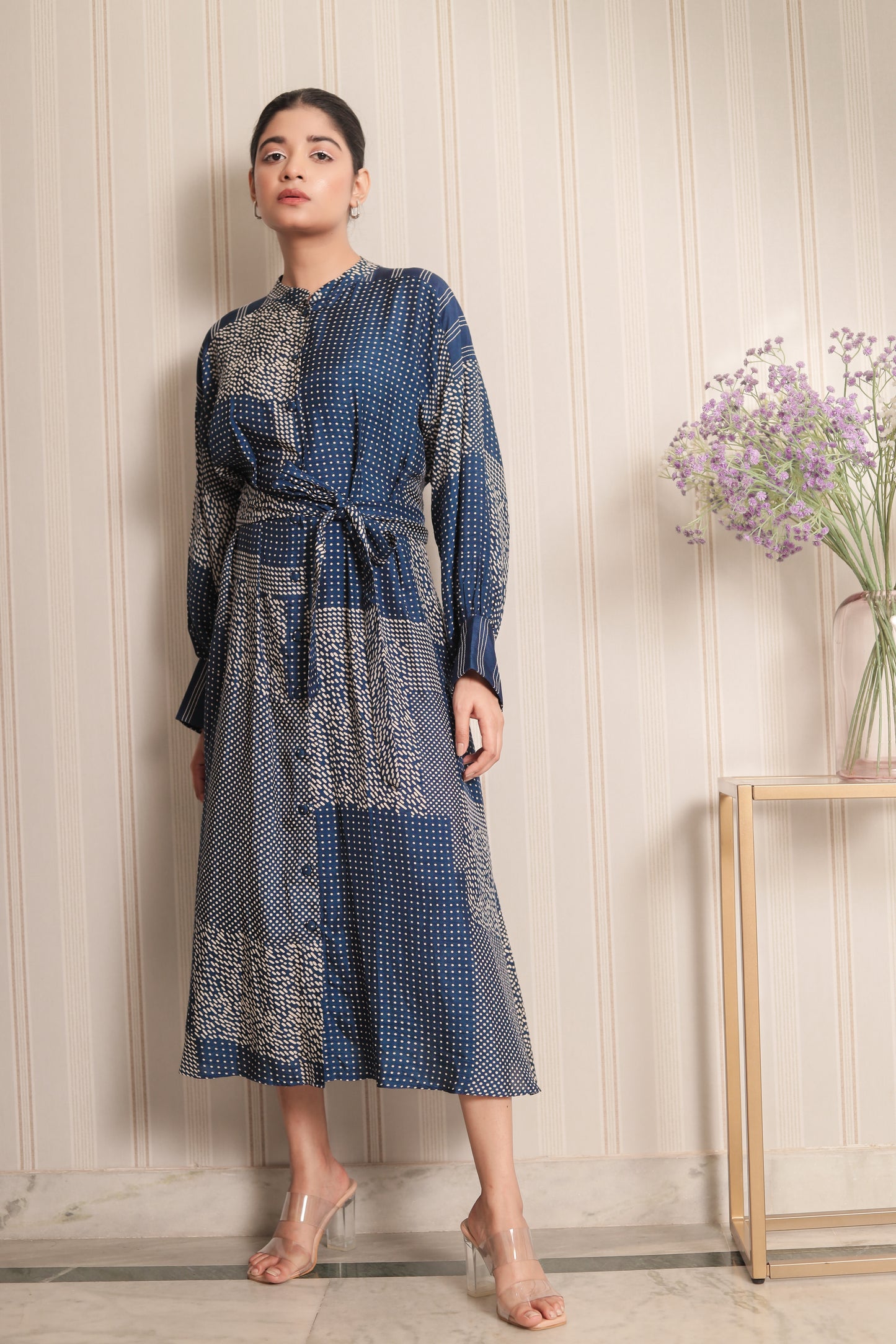 COBALT BLUE DOT PRINT PLEATED DRESS